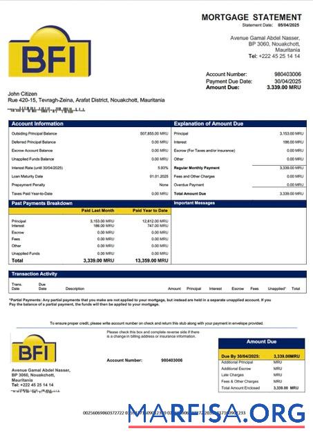 Downloadable Mauritania Banque des Financements Islamiques (BFI) mortgage statement Word and PDF template